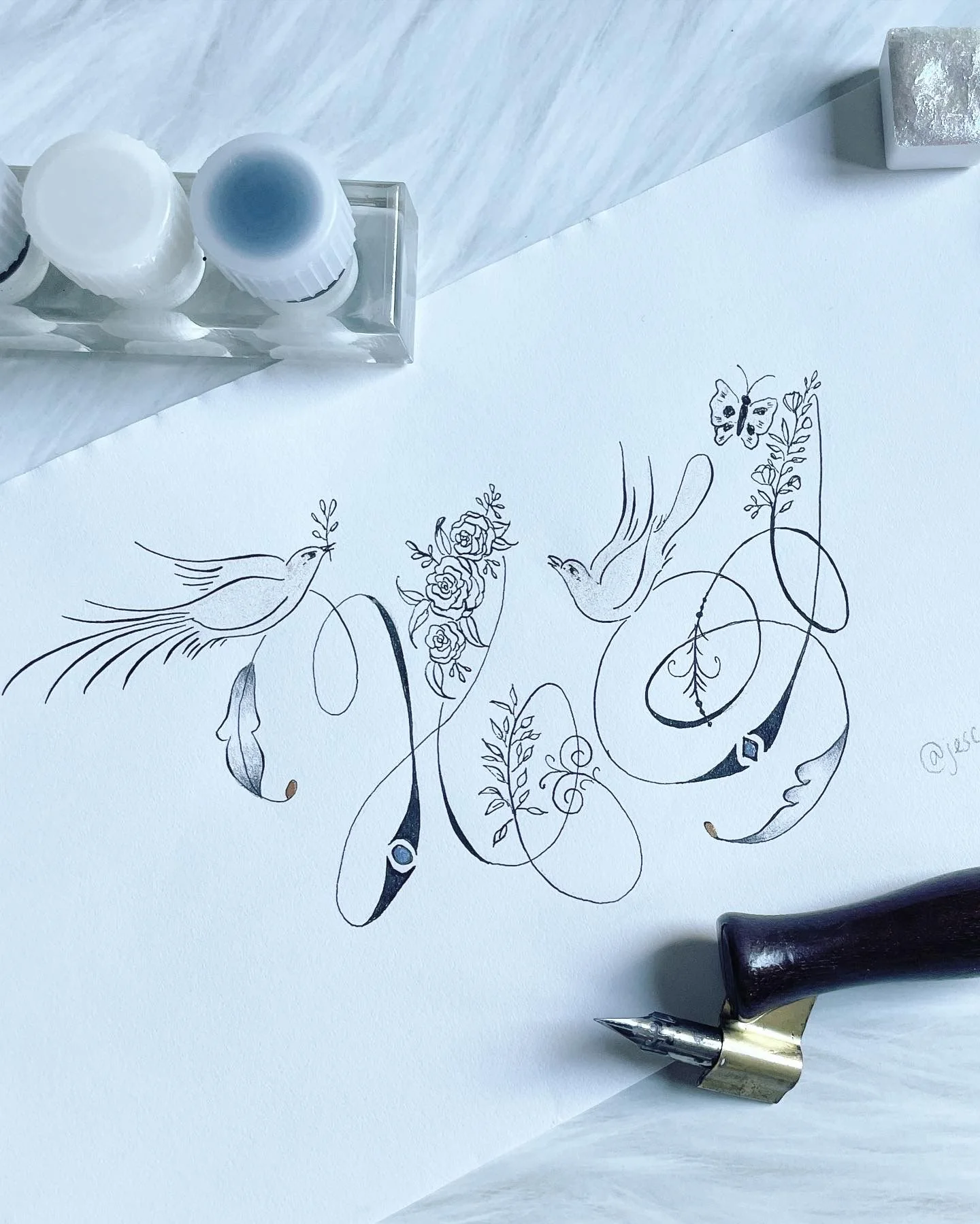 Original calligraphy artwork with birds, botanicals and an artist pen